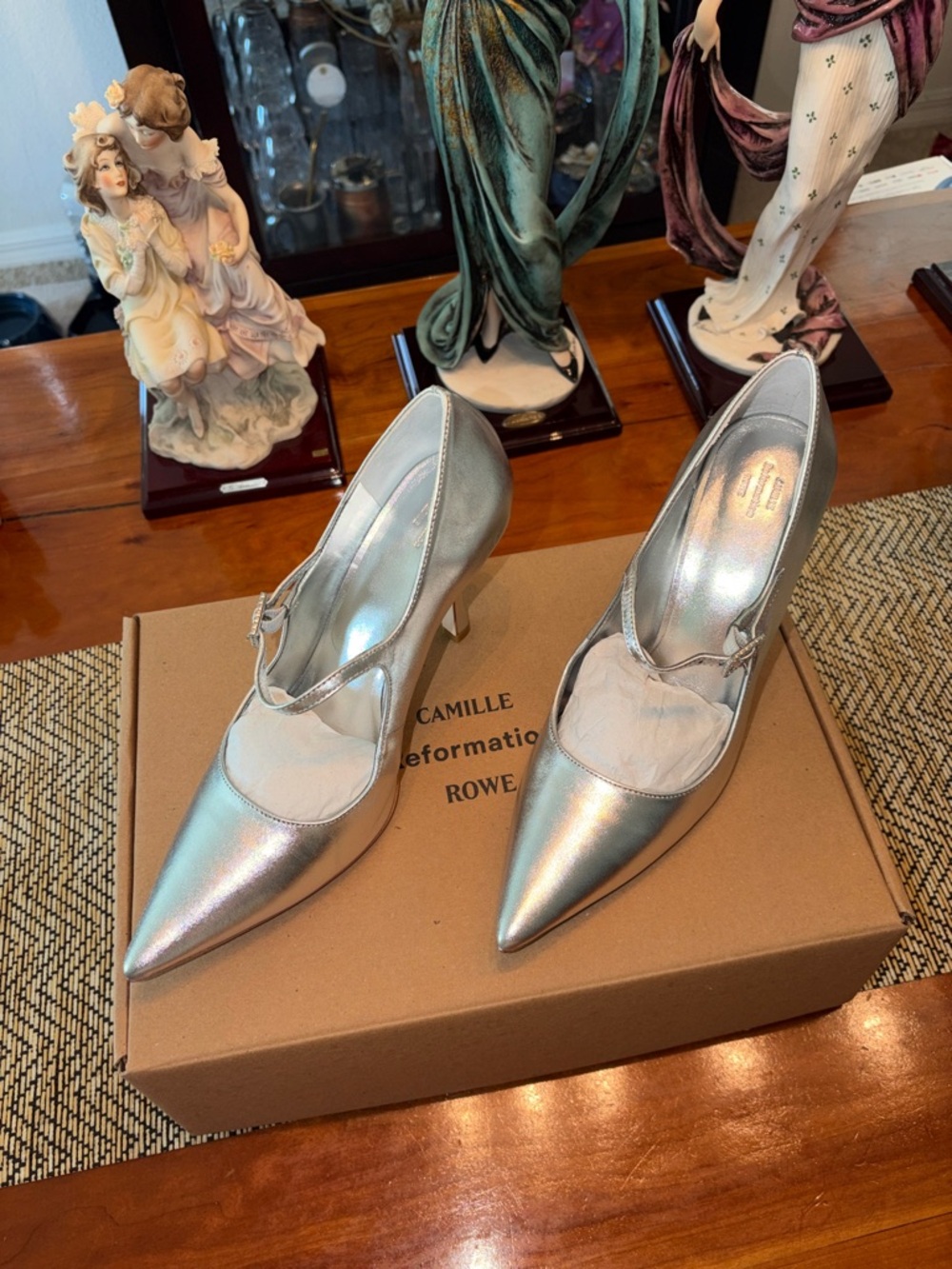 REFORMATION Silver Pointed-Toe Mary Jane Pumps